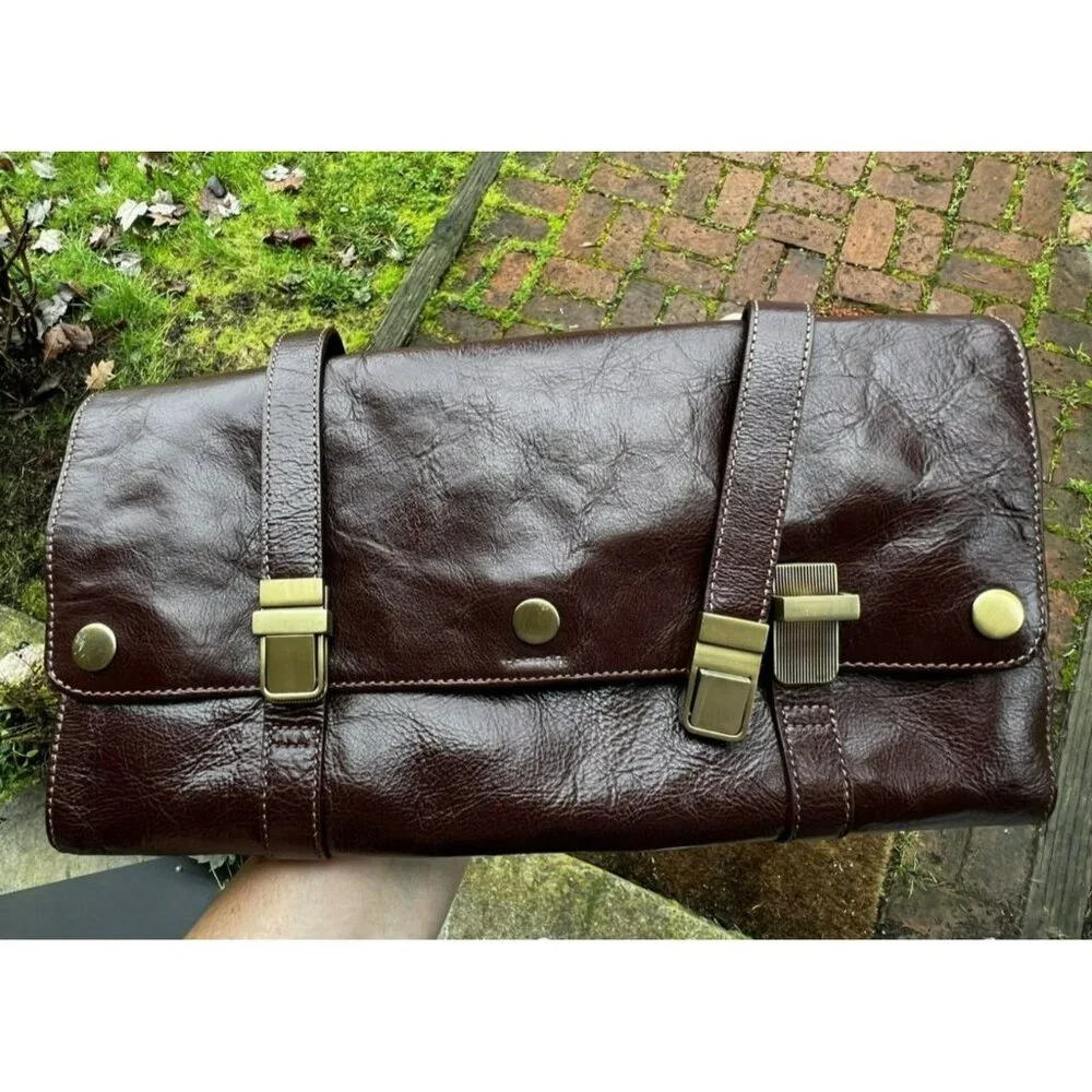 VTG Red Envelope‎ Leather Excursion Travel Case Bag Trifold Brown Tan Gold ~ NEW